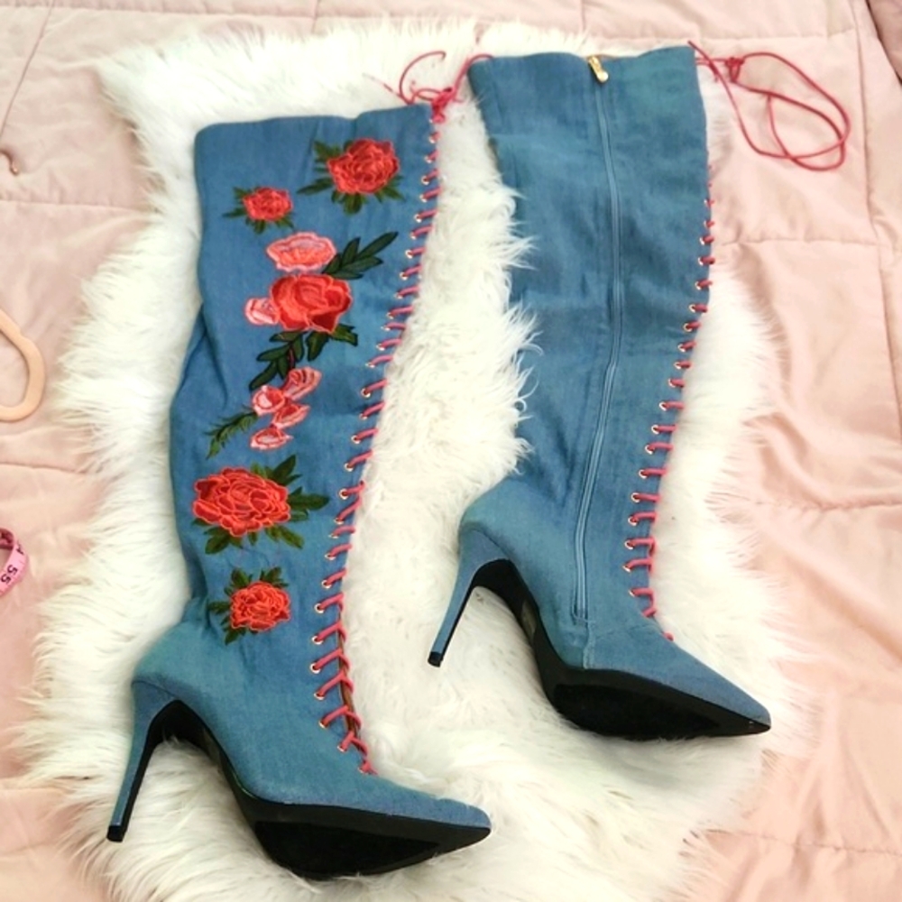 Size 9 Cape Robbin over knee Thigh high denim heels boots cowgirl boots chic